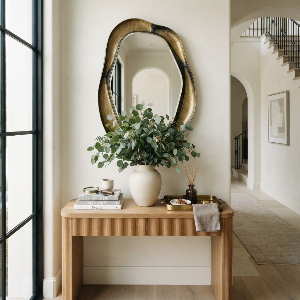 An elegant styled entryway vignette in a luxury home