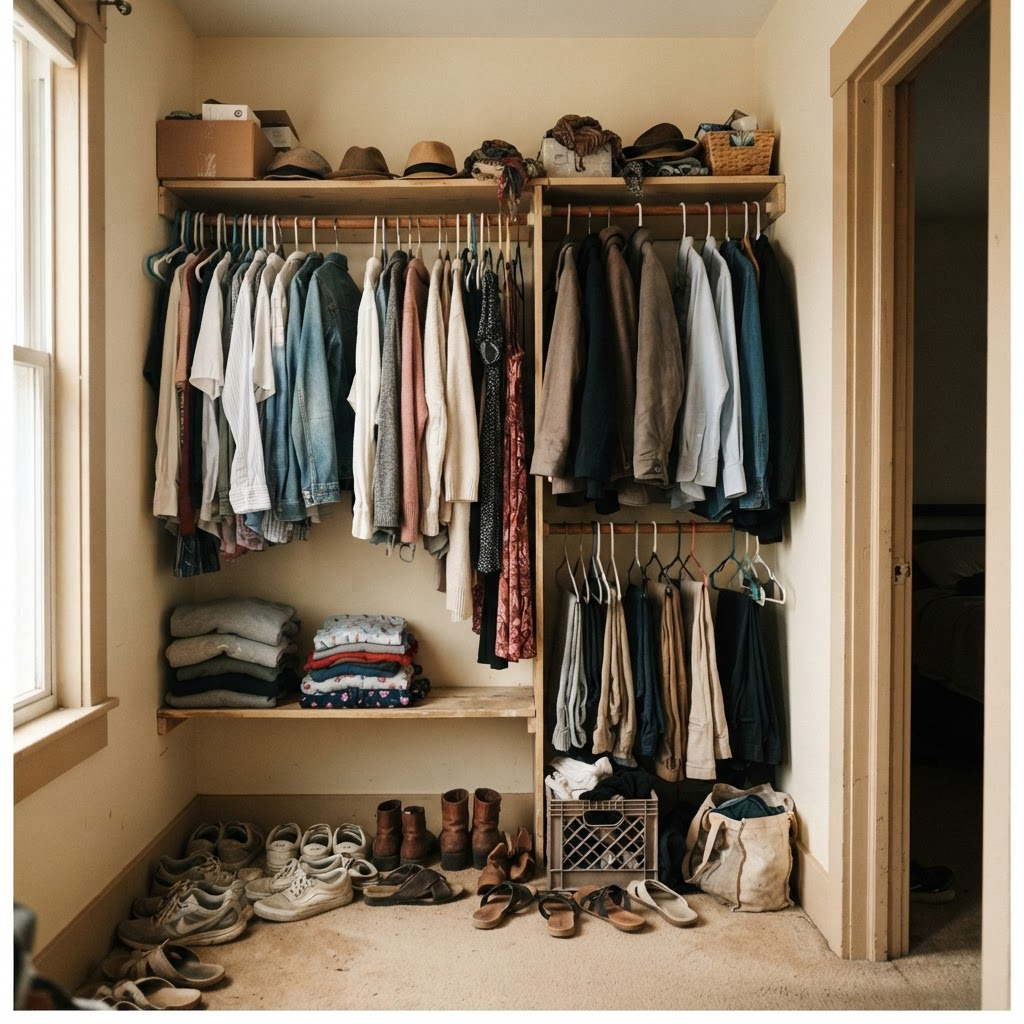 A walk-in closet before the edit, without a considered system