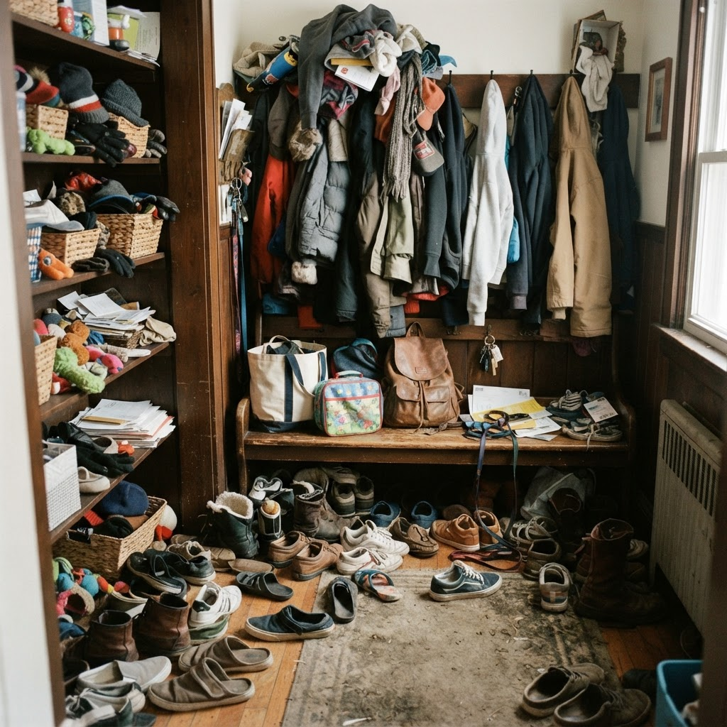 A mudroom entry before the reset, without a considered system