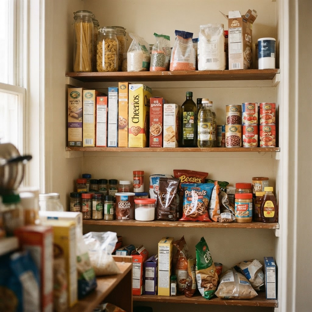 A pantry before the reset, items placed without a system