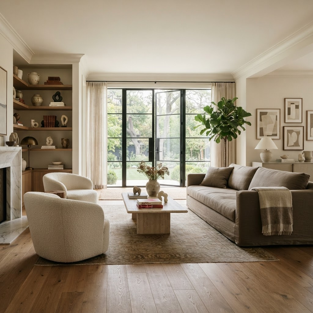 A serene, sunlit and beautifully organized luxury living space
