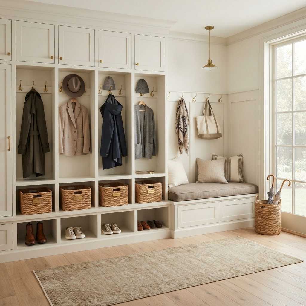 An organized luxury mudroom with built-ins and baskets