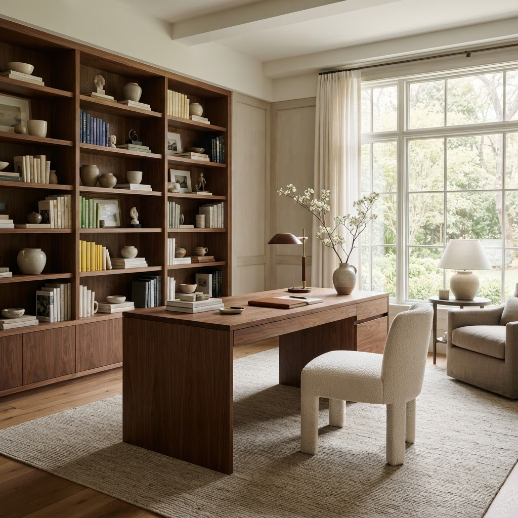 A serene, organized luxury home office with styled shelving