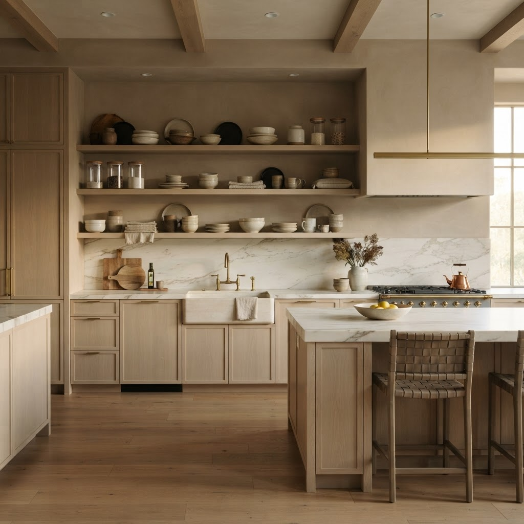 A beautifully organized luxury kitchen with warm natural light
