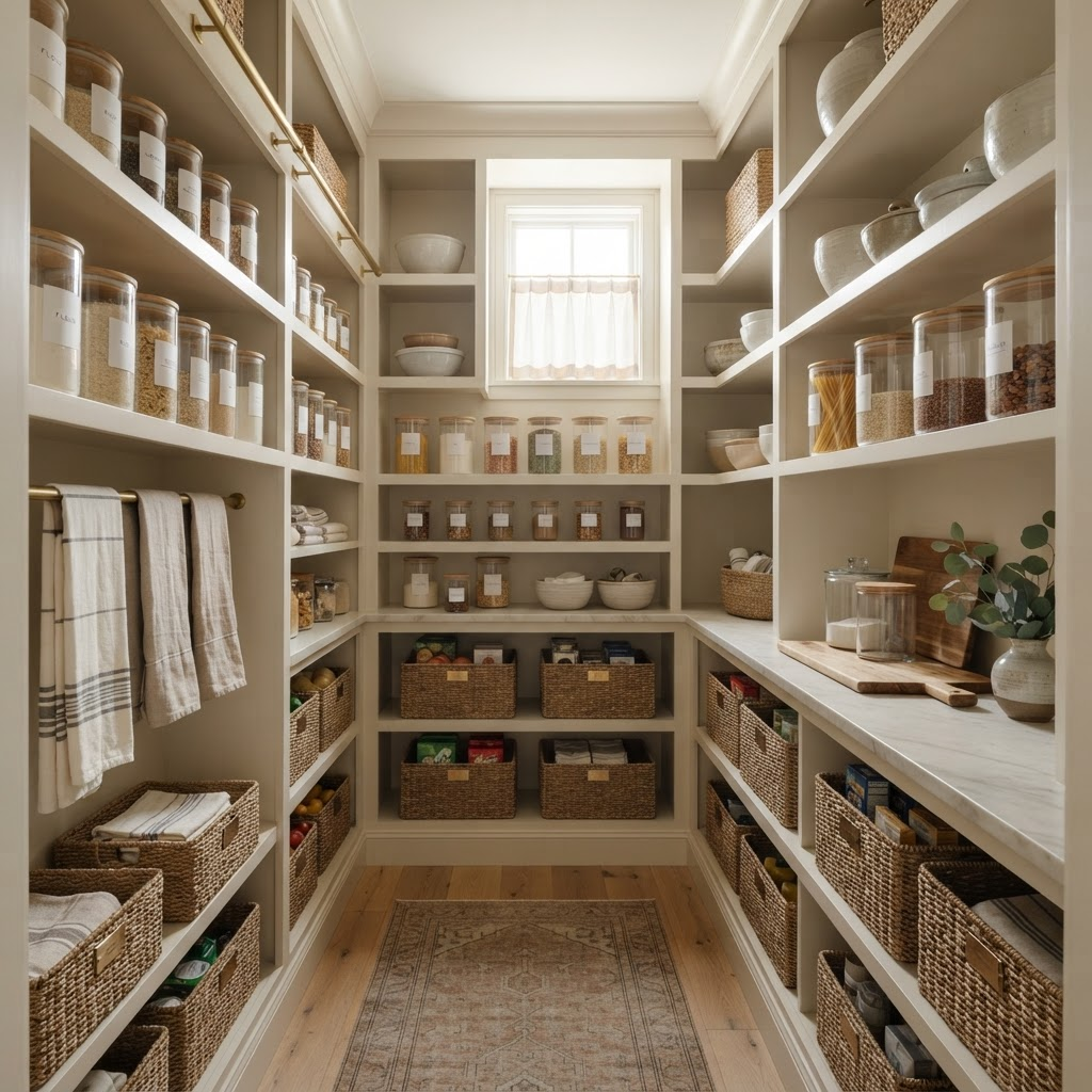 A beautifully organized luxury pantry with matching glass jars