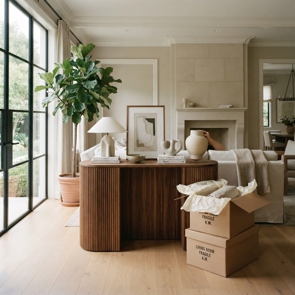 A tasteful move-in unpacking scene in a luxury home