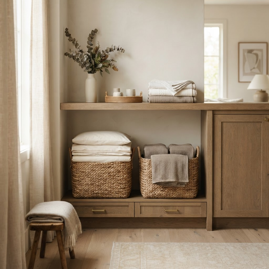 A serene seasonal home reset with folded linens in woven baskets